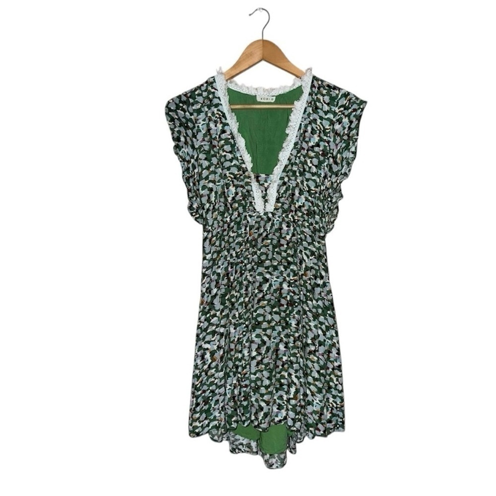 KORI Green Multi Color V-Neck Hi-Li Dress Lined Fringe Lace Flutter Boho Wmn S - Picture 14 of 14